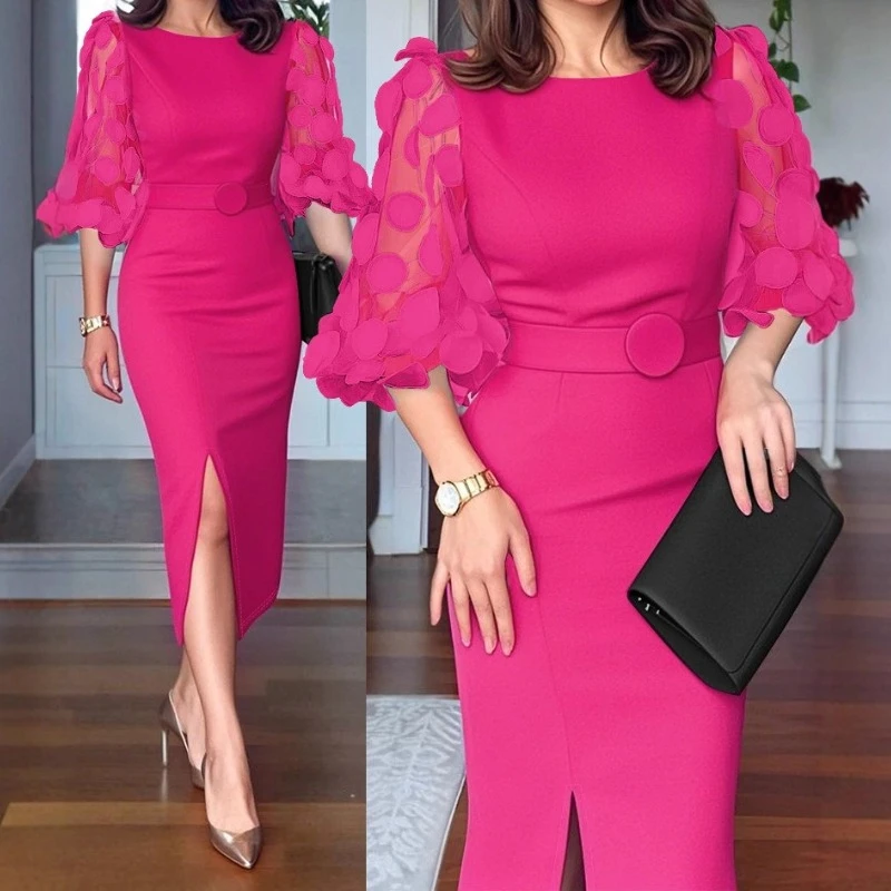 أنيقة طاقم الرقبة سليم Bodycon الوركين فستان المرأة الخريف الدانتيل متابعة سبليت فستان الحفلات الخريف تقسم شبكة نقطة مكتب فساتين للسيدات