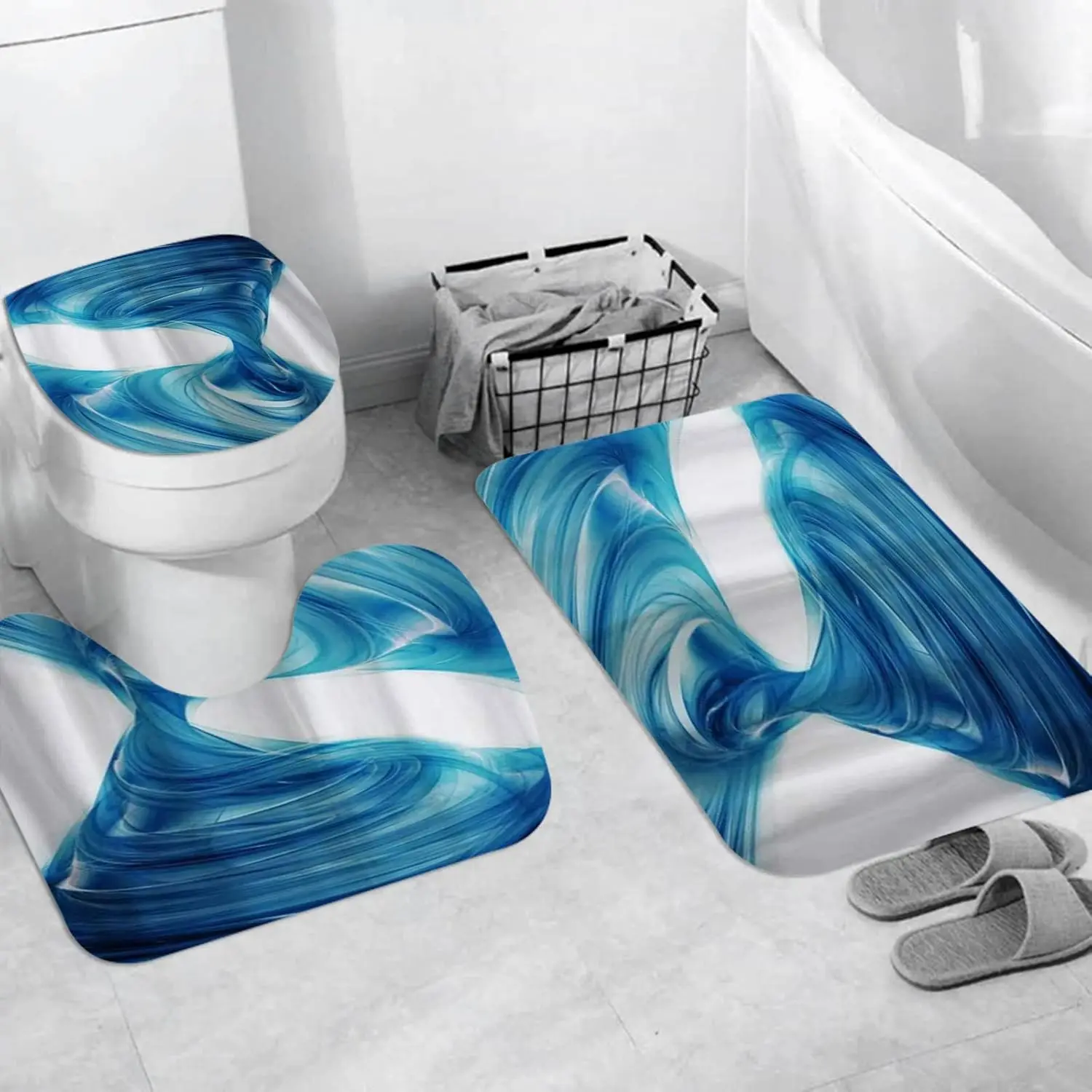 

3 Pieces Bath Mat Set, Soft Superfine Fiber Bathroom Rugs Mat,Smoke Water Abstract Blue Tornado,Machine Washable