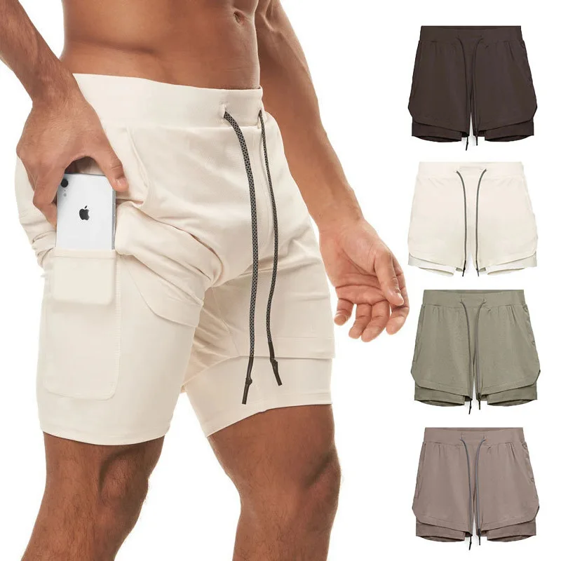 New Men's Sports Shorts with Double-layer Color Matching Function, Fitness Running Breathable Solid Color Pentagonal Pants