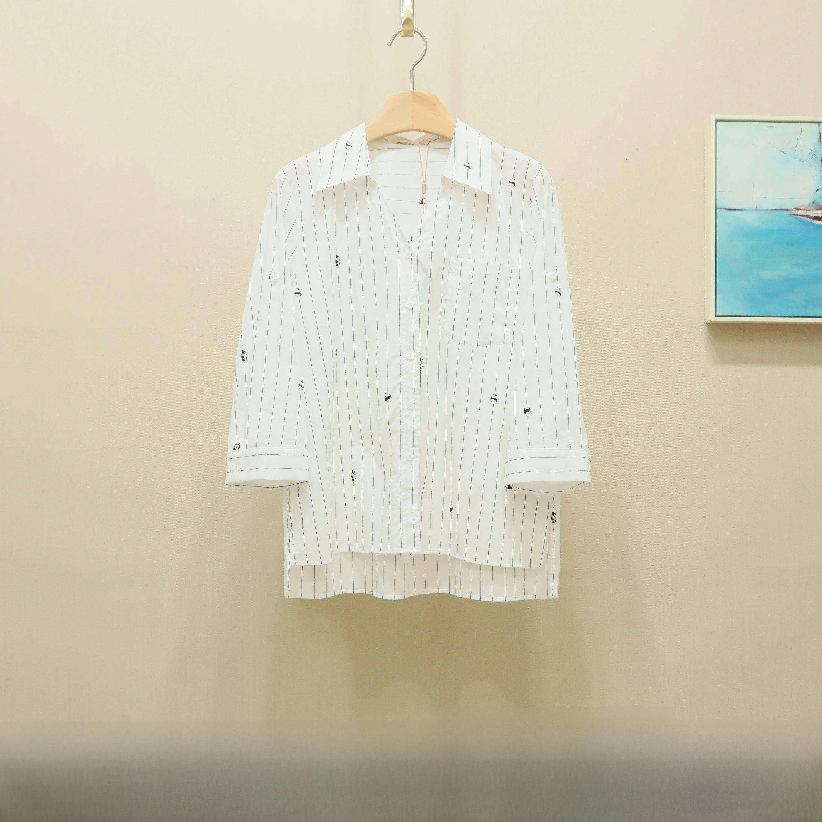 

2025YSING Женская летняя новинка: свободная футболка из чистого хлопка с защитой от УФ-лучей, тонкая, с рукавом 3/4, в полоску, с воротником