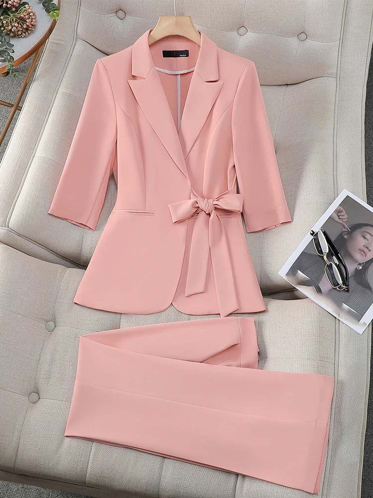 Office Ladies Formal Pant Suit 2 Piece Set Women Pink Yellow White Female Business Work Wear Blazer Jacket And Trouser