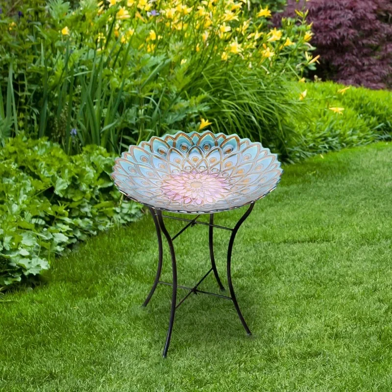 Handpainted Mosaic Flower Fusion Glass Pedestal Bird Bath for Outdoor Patio Garden Backyard Decking Décor, 21 Inch Height