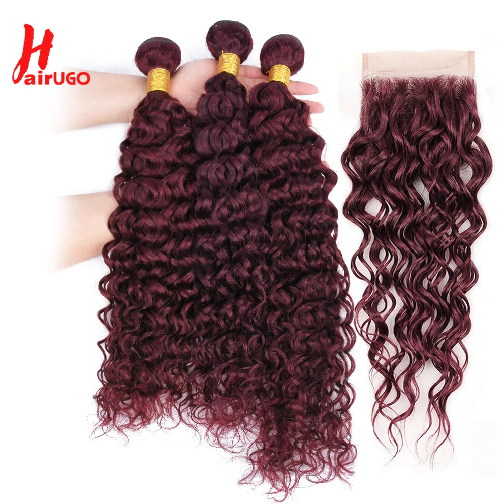 HairUGo-extensiones de cabello humano brasileño 99J, mechones de ondas al agua Borgoña con cierre, 3 mechones, tejido de cabello precoloreado Remy