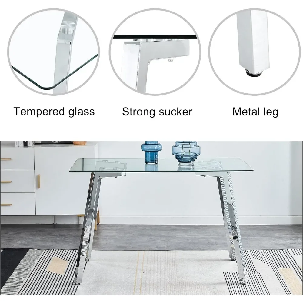 51 inch 4-zits glazen rechthoekige eettafel met zilveren metalen poten en 4 witte leren stoelen