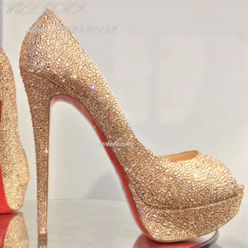 Full Crystal Platform Peep Toe Stiletto Sandals Women Luxury Rhinestones Shiny High Sexy Red Pump Dress Gold Gem Wedding Shoes