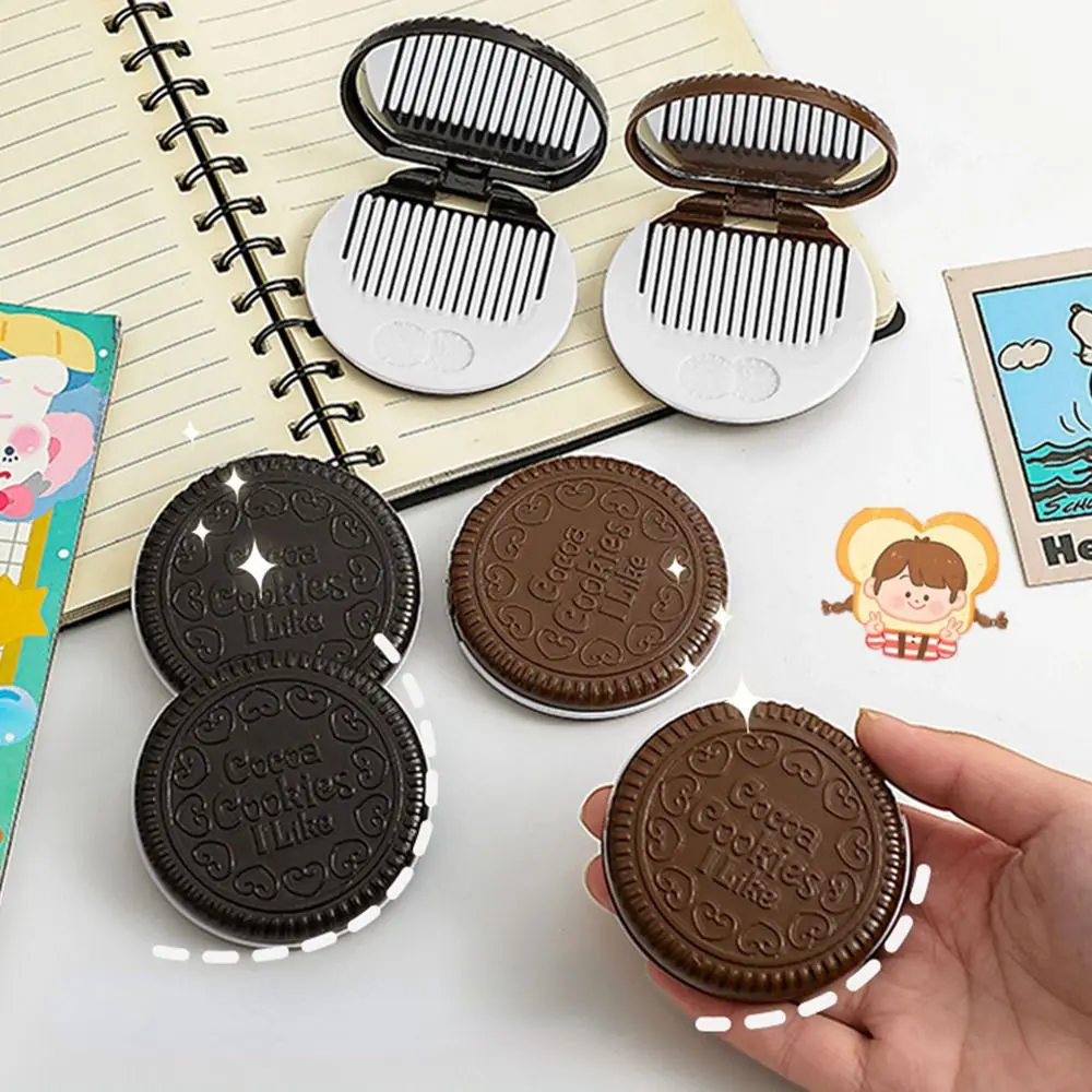 

Mini Chocolate Cookie Mirror Cute Biscuits Shape Makeup Mirror with Comb Hair Styling Tool Vanity Mirror