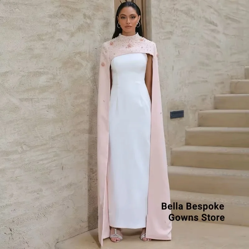 

Trendy Satin Prom Dresses with Cape Pearls Rhinestones Mermaid Special Occasion Gown Vestidos De Fiesta Customized