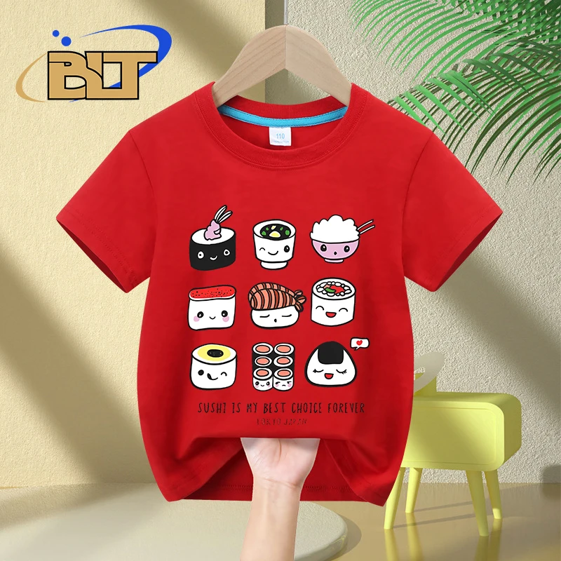 Camiseta con estampado de Sushi para niños, Tops de manga corta de algodón para niños y niñas, regalo de verano, la mejor opción