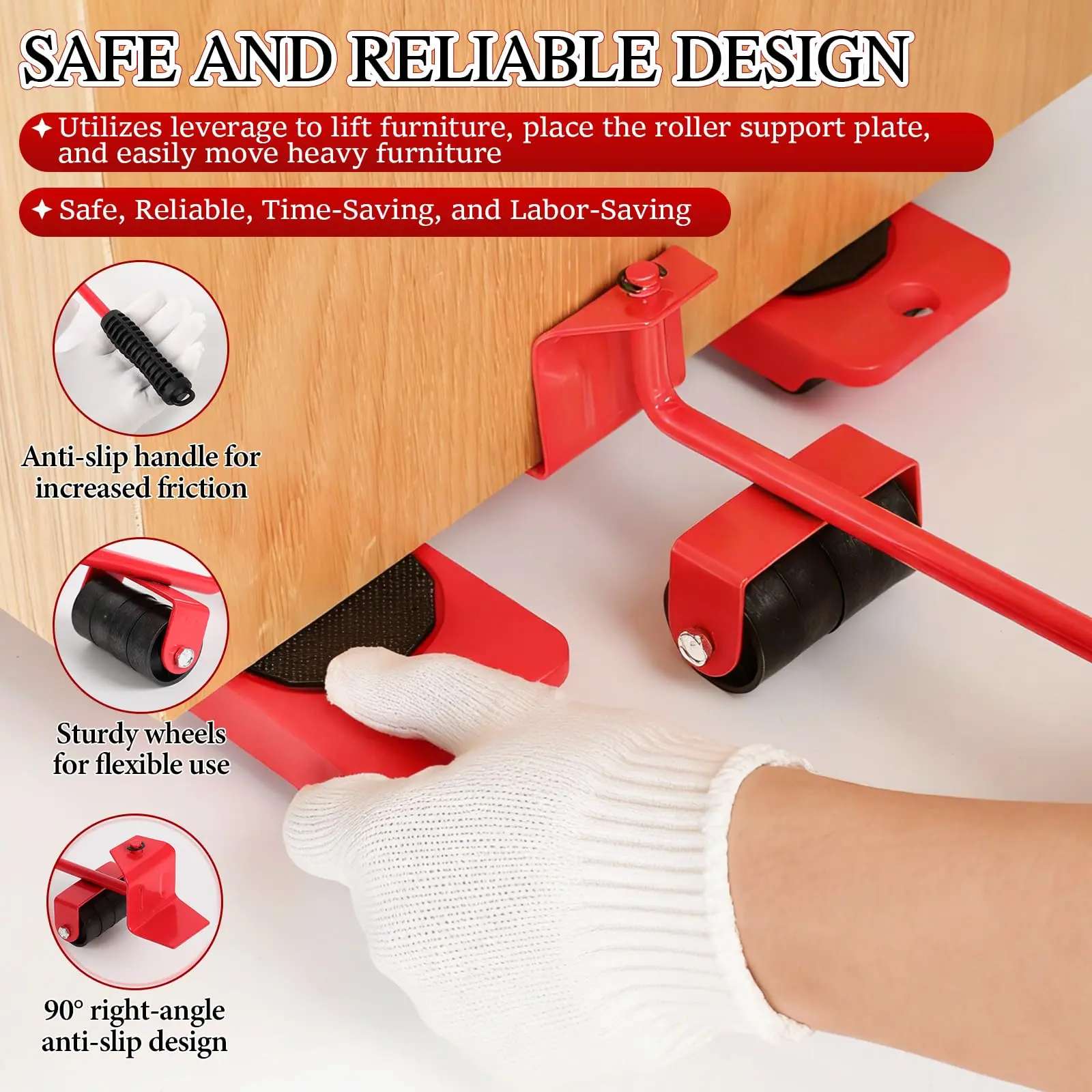 Rafford Furniture Moving Tool Set — Includes an Adjustable Lifting Lever and 4 Rollers; Suitable for Moving Heavy Furniture