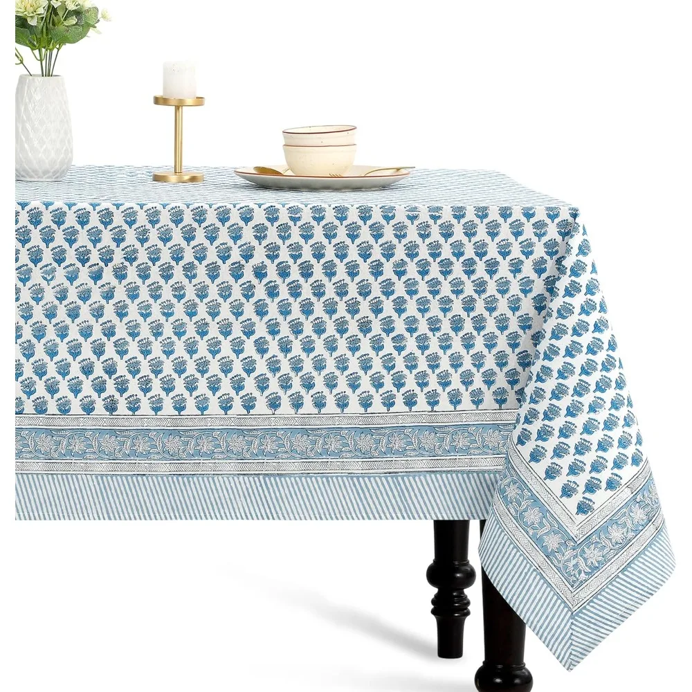 CPC 100% Cotton 72x140 Inch Indian Block Print Rectangle Tablecloth, Blue for Weddings and Spring/Summer Events