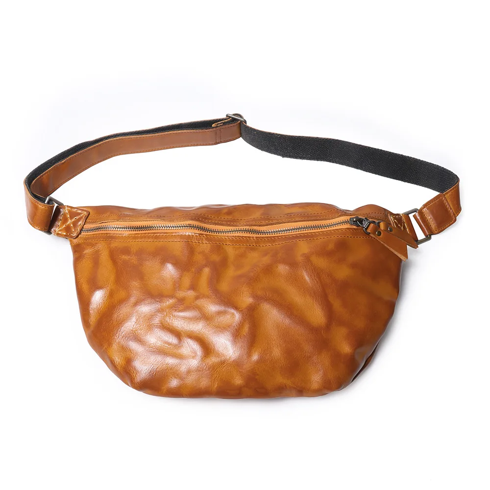 Vintage Genuine Leather Chest Bag with Large Capacity and Zipper, Multi-functional Waist Pack