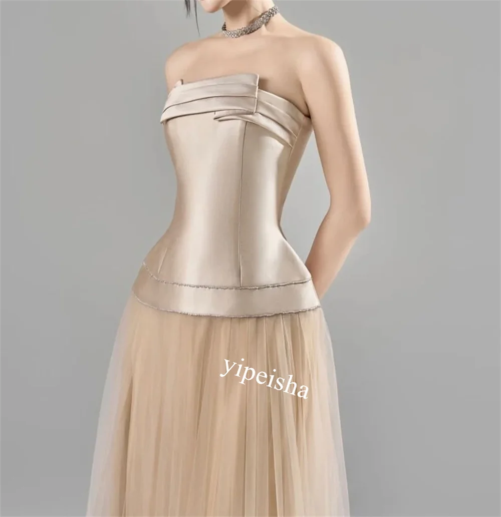 Saudi Arabia Satin Pleat A-line Strapless Bespoke Occasion Gown Midi Es    Dresses