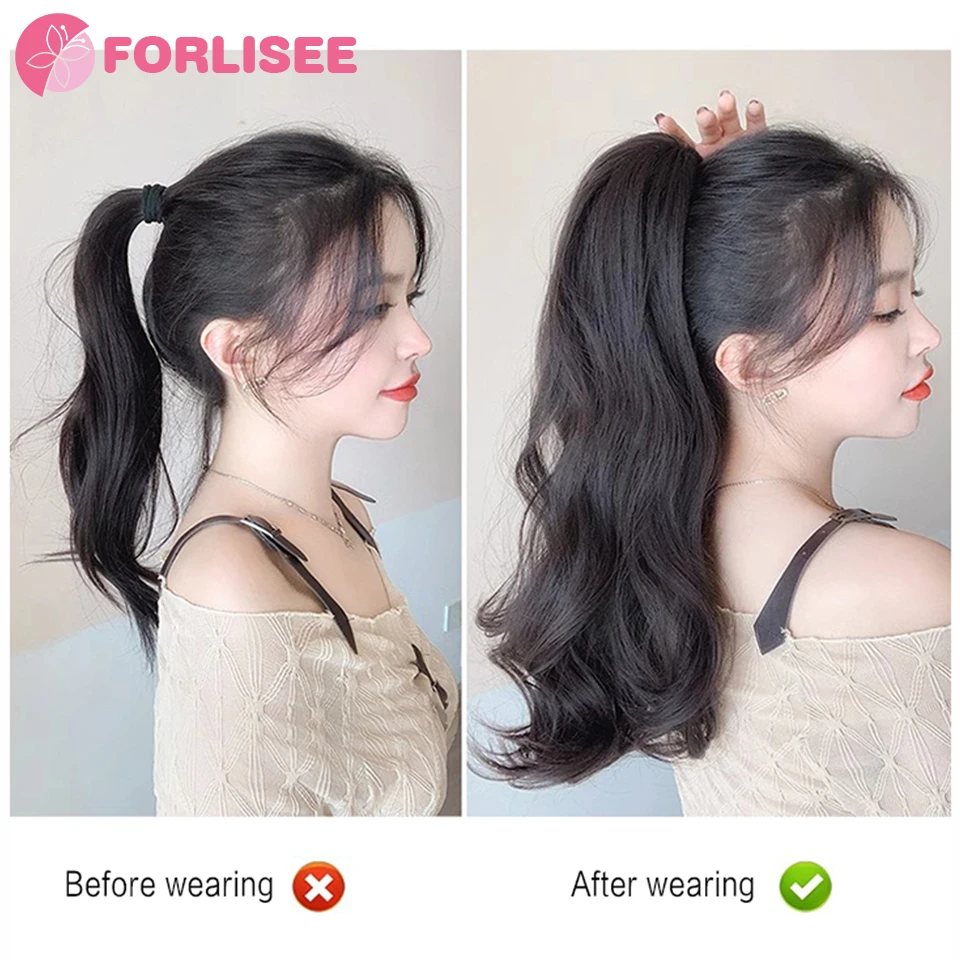 Forlisee合成ロングカーリーヘアバンド、クリップ付きポニーテールウィッグカーリー髪つけポニーテールふわふわヘアを編むことができます