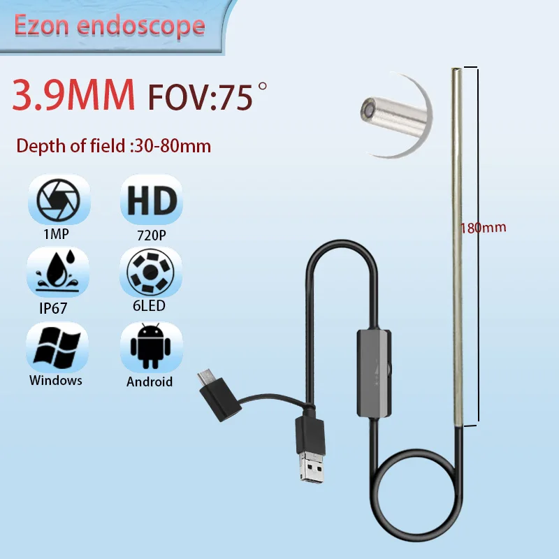 1MP 3.9mm FOV 75° Long Tube Industrial Endoscope Camera for Pipeline Inspection 1.5m USB Type-C Android 3-in-1 Endoscope Camera