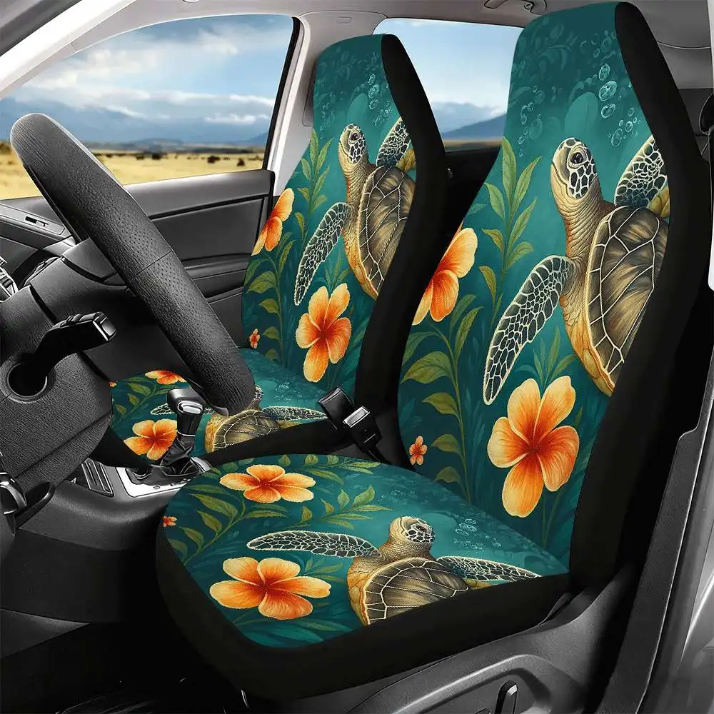 2pcs Tropical Sea Turtle And Hibiscus Car Seat Covers Suitable For Front Seats, High Back Design, Material, Suitable For Cars, S