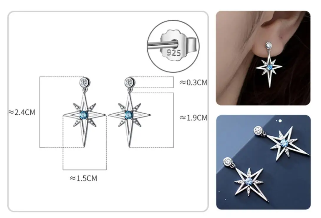 Real 925 Sterling Silver Fashion Charm Star Blue CZ Stud Earrings For Women Wedding Party Fine Jewelry DS559