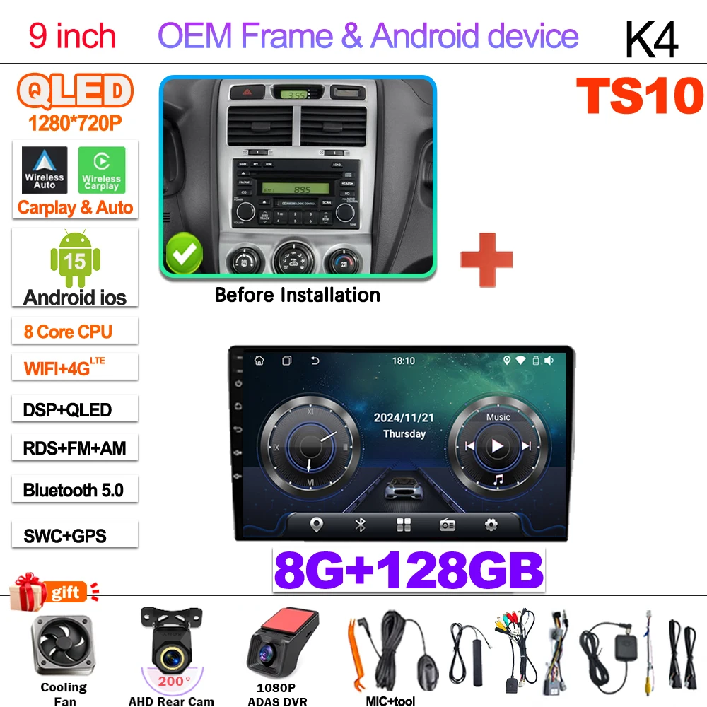 2Din Android 15 Voor Kia Sportage 2 2004-2010 Multimedia Speler Navigatie Carplay Stereo DVD Spiegel Link Stereo Head unit WIFI