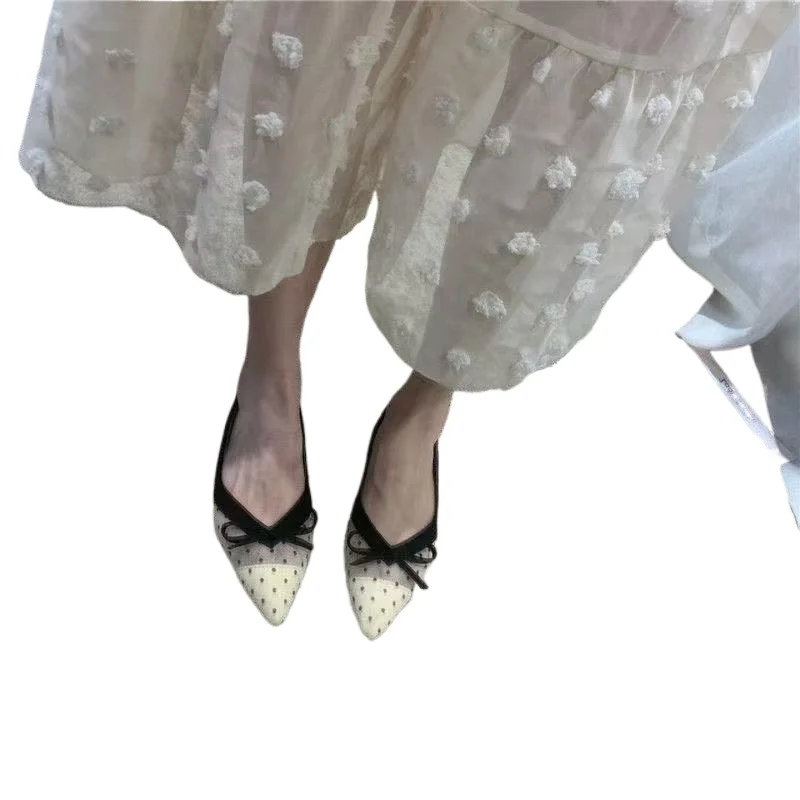 Zapatos Casuales de Mujer con Punta Puntiaguda, Diseño de Lazo de Mariposa, Suela Suave, Boca Baja y Tacón Plano, con Malla Transpirable y Estampado de Puntos, Novedad de Verano 2026