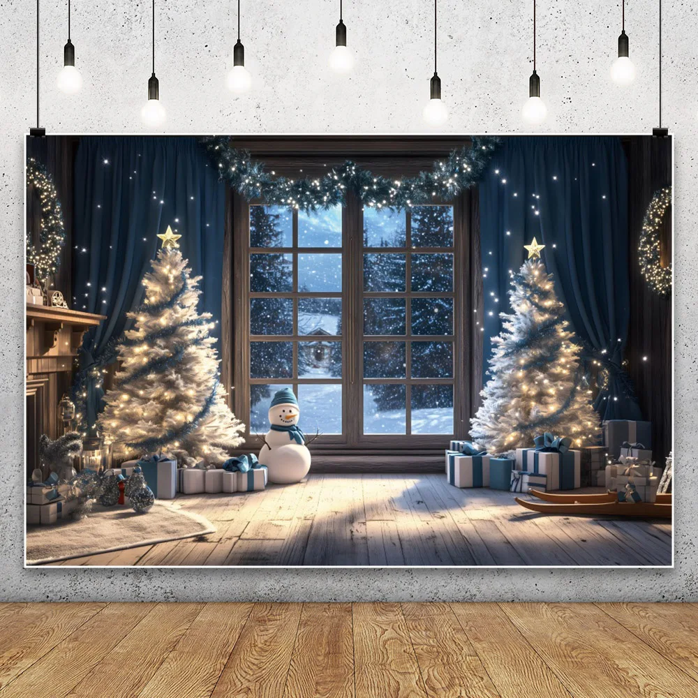 Christmas Window Backdrop Photography Blue Curtain Snowmen Baby Family Party Portrait Photographic Background For Photo Studio