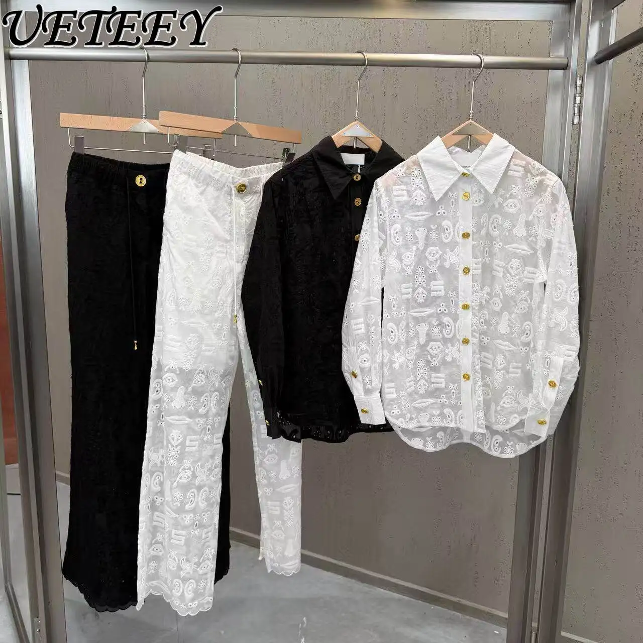 

2026 Spring/summer Niche Heavily Embroidered Cutout Shirt and High-waisted Straight-leg Pants Versatile Stylish Two-piece Set