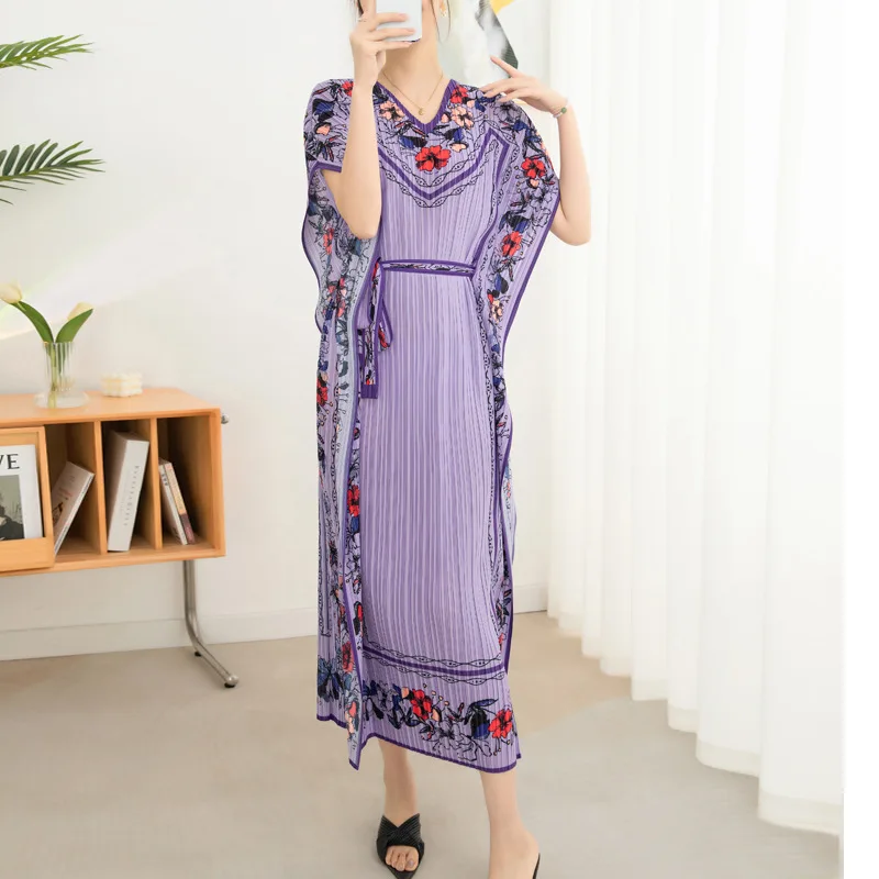 

Miyake Pleated French Dress 2024 Spring New Women's High-end Printed Loose Large Size Bat Sleeves Waist Belted Long Skirt