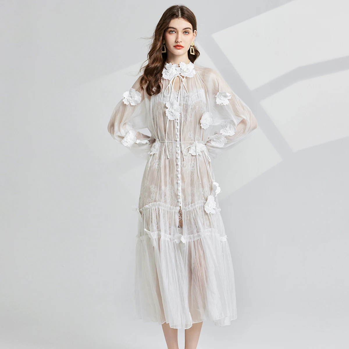 2024 Runway Elegant Autumn Foral Embroidery White Holiday Dress Women O Neck Lantern Sleeve Lace Up Ruffles Loose Midi Vestidos