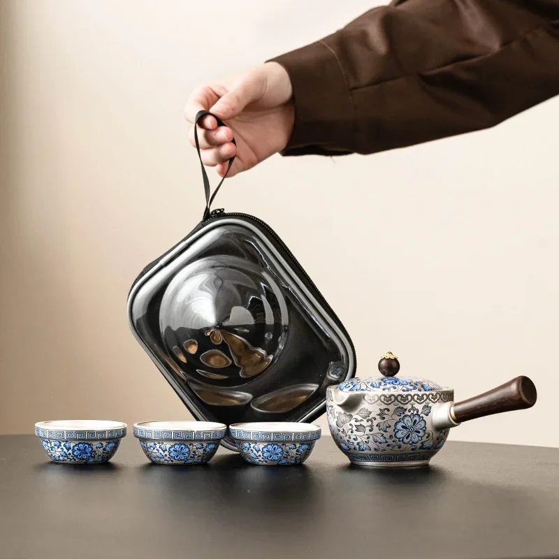 Gilt Silver Travel Tea Set, One Pot Three Cups, Portable Side Handle Pot Tea Cup Infuser Pot and Gift Set Colorful