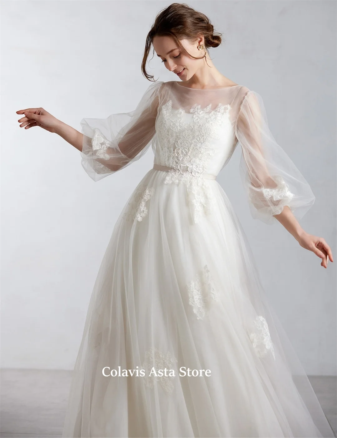 Japan Style Customized Simple Wedding Dress Korea A-Line Tulle Appliques Puff Sleeves Bride Dresses Open Back Bridal Gowns