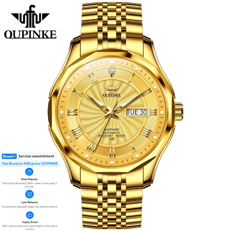 

OUPINKE 3207 Real Diamond Watch Men Luxury Dual Calendar Display Roman Scale Automatic Mechanical Men's Watch