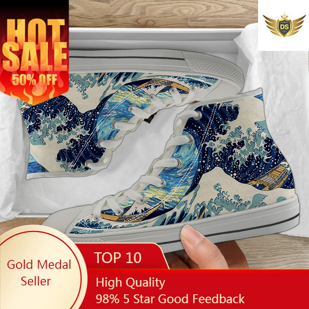 Japanese Ocean Waves Painting Vulcanized Shoes Women Canvas High Top Flat Shoes Casual Lace Up Sneakers For Ladies