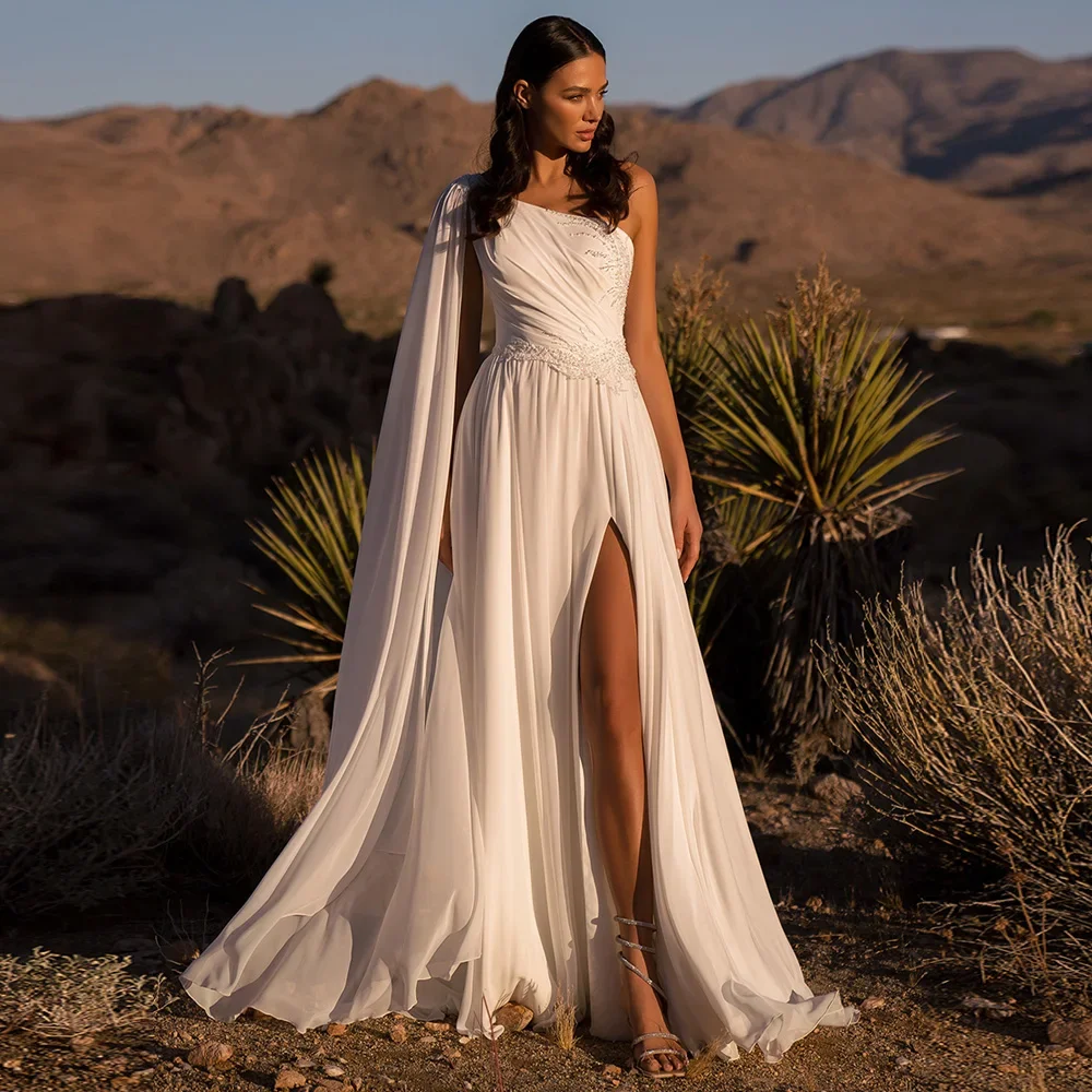 Sexy Boho Beach Wedding Dress Customized One Shoulder Sleeveless Beading Applique Ruched Sweep Train Chiffon Bridal Gown Vestido