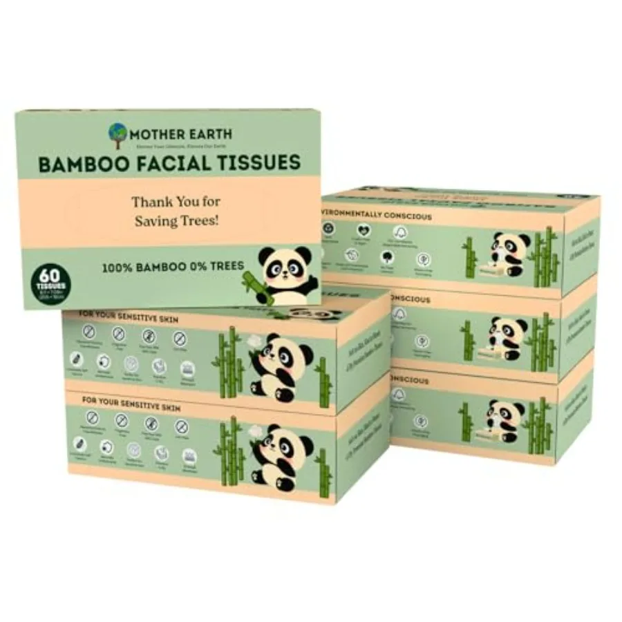 Bamboo Facial Tissue Paper - 4 Ply Tissue Flat Box, Lint-Free, Hypoallergenic, Septic-Safe, Unscented, 60 Sheets per Box, 6 Pac