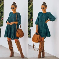 Vestido de talla S-XL para mujer, vestido estampado de manga larga con abertura y manga de burbuja, moda INS, adelgazante, versátil, nuevo, Otoño e Invierno