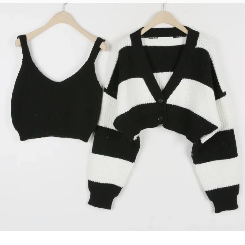 

2025 модный осенний женский свитер из двух предметов в полоску, кардиган с длинными рукавами, укороченный трикотаж, зимние свободные повседневные вязаные короткие топы