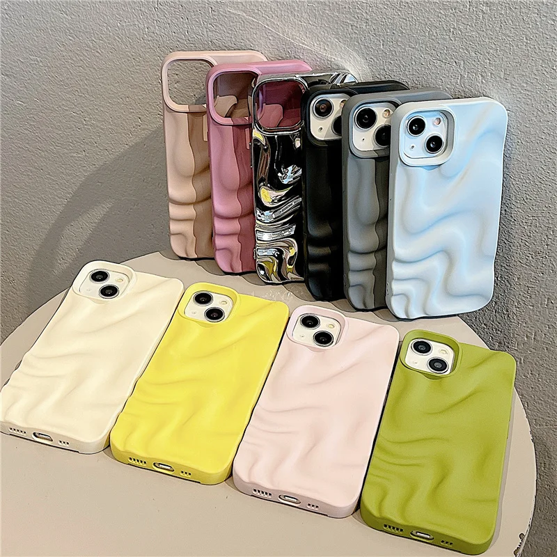 Caso Padrão 3D Onda para iPhone, Luxo Caso Prata chapeamento, Breve Soft Shockproof tampa traseira, Candy Color, iPhone 14, 13, 11, 12, 15 Pro Max