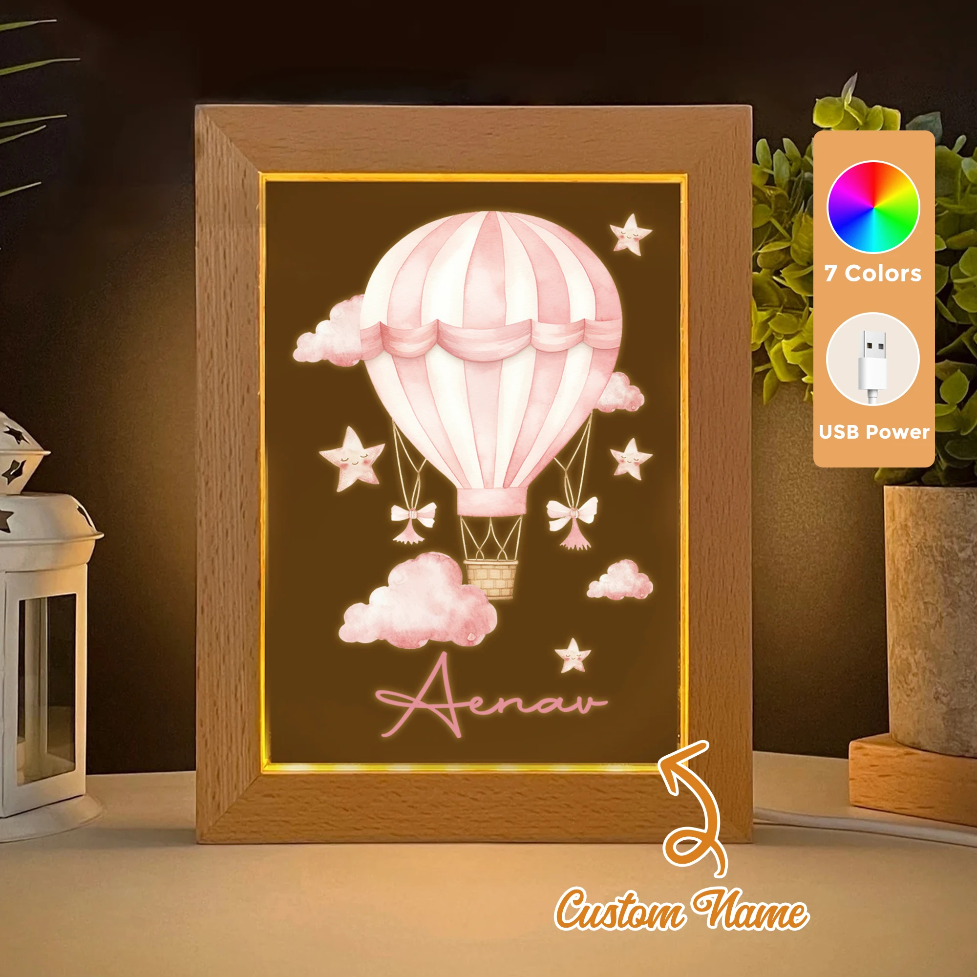 

2D Flat Custom Name Pink Cartoon Hot Air Balloon LED Acrylic Night Light Wood Photo Frame 21x17cm Child Bedroom Gifts Home Decor