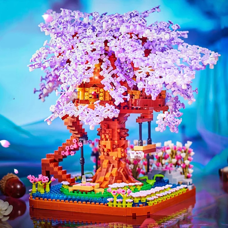 LHCX 7855 العمارة العالمية الأرجواني زهر الكرز شجرة ساكورا زهرة حديقة كتل الماس الصغيرة الطوب بناء لعبة لا صندوق