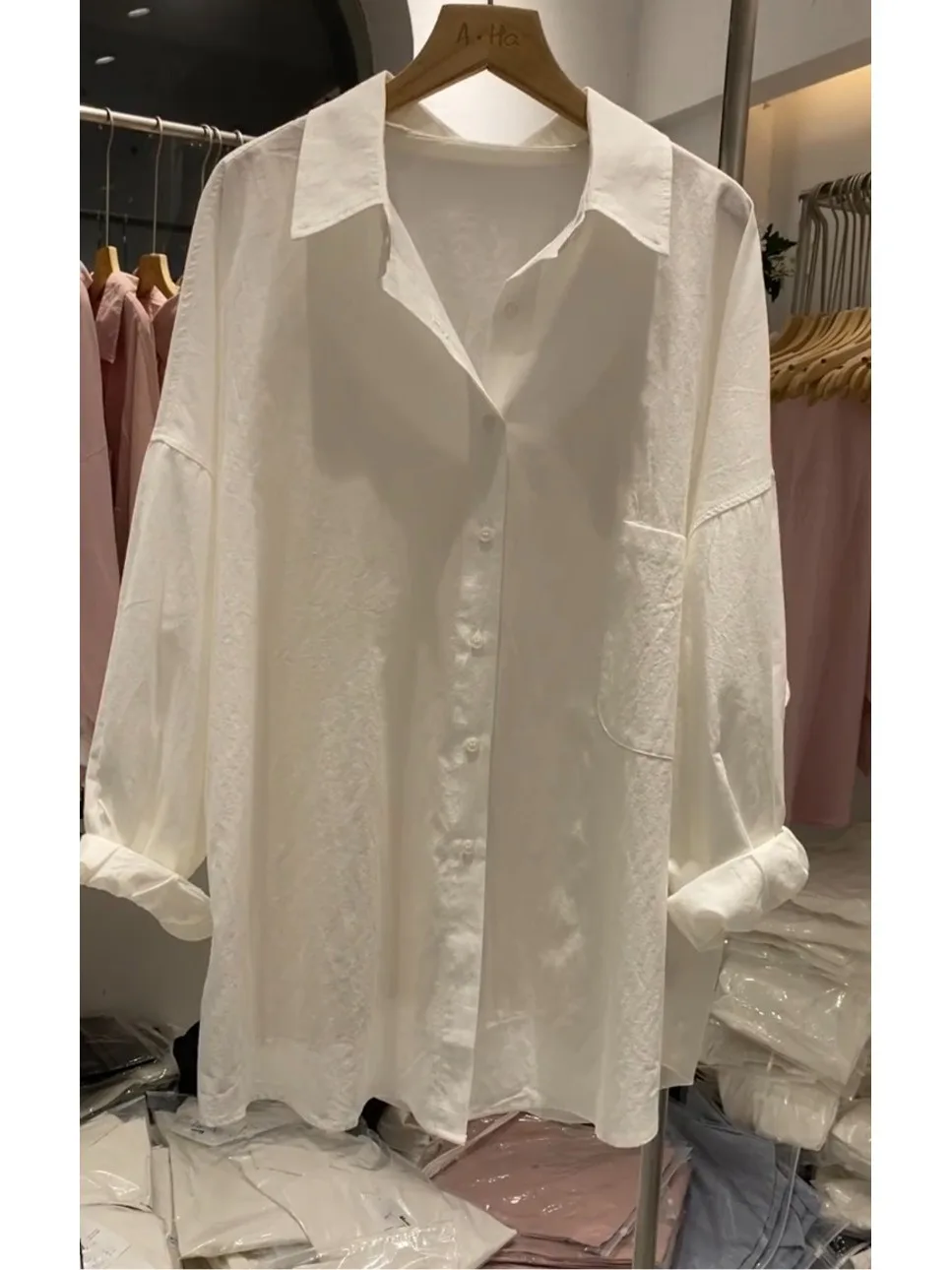 

Loose Long Sleeve Shirt Women's Sun Protection White Shirt Spring Layering Casual Style Breathable Thin Fabric Coat