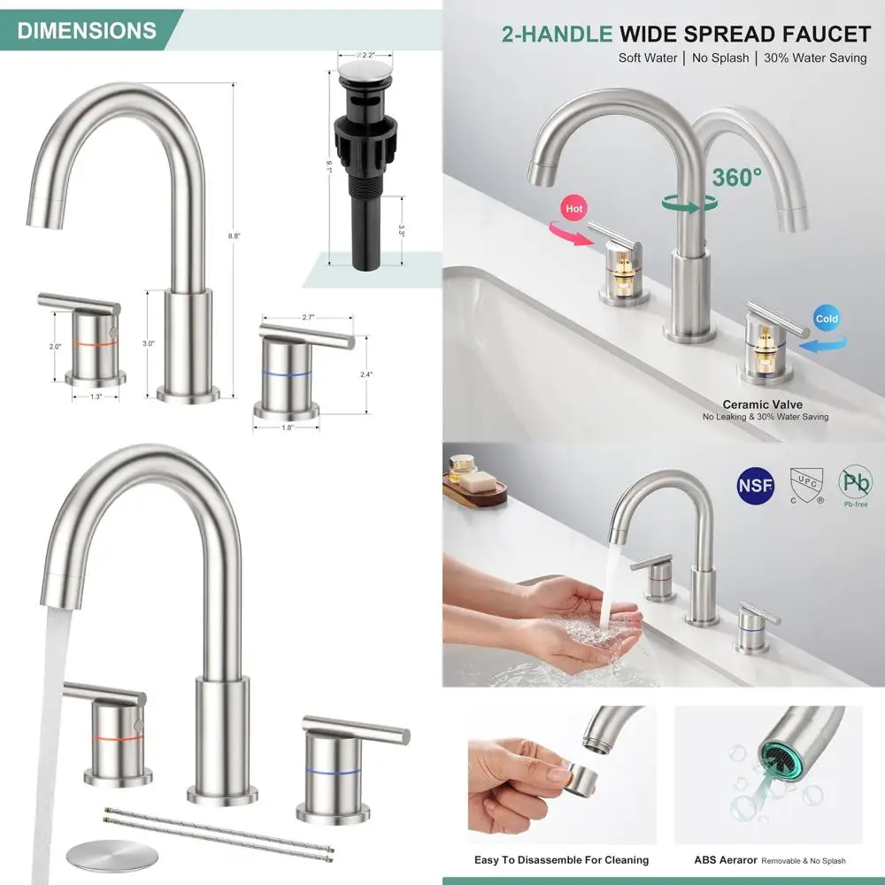 

8 Triple-Hole Brushed Stainless Steel Sink Faucet with Pop-Up Drain and Supply Lines