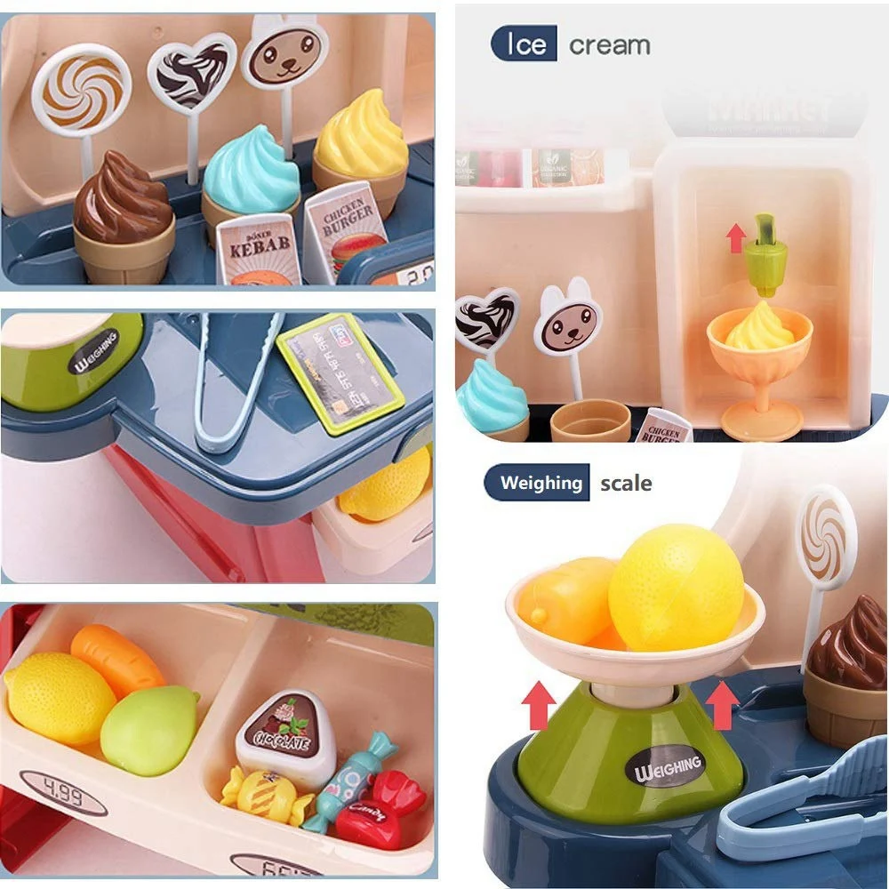 AM-Kids Cashier Toys Supermarket Cash Register Pretend Play Simulation Shopping Cart Convenience Store Ice Cream Cart Toys