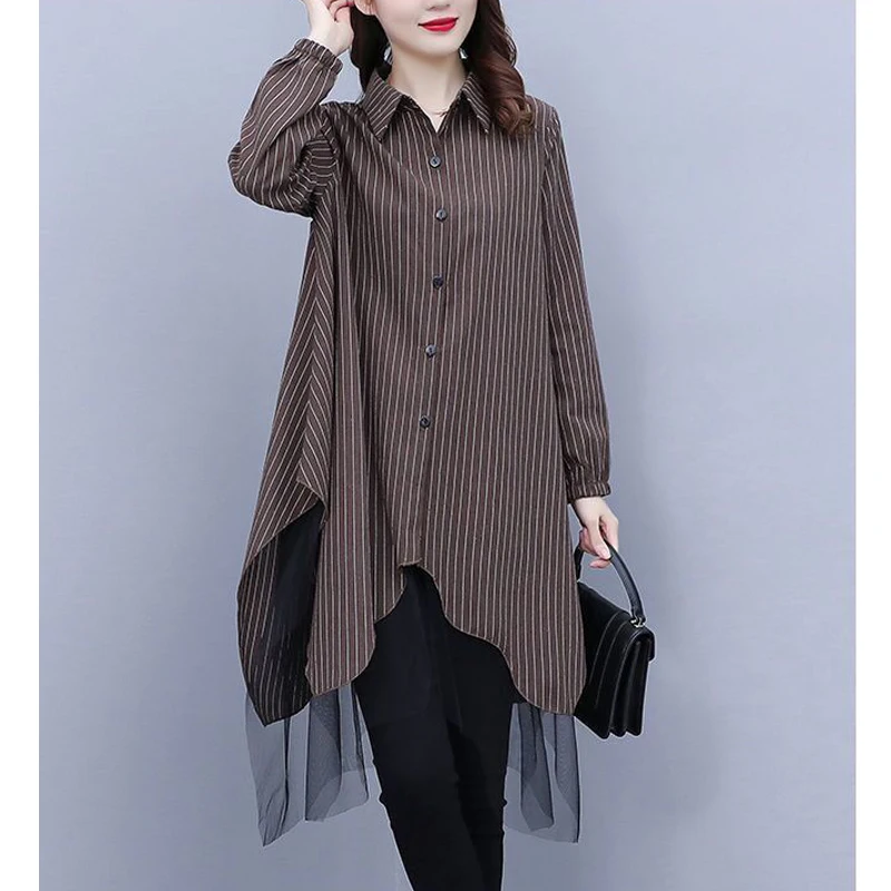 New Women Clothing Autumn Stylish Striped Print Mesh Patchwork Dresses Korean Elegant Long Sleeve Oversize Irregular Shirt Dress