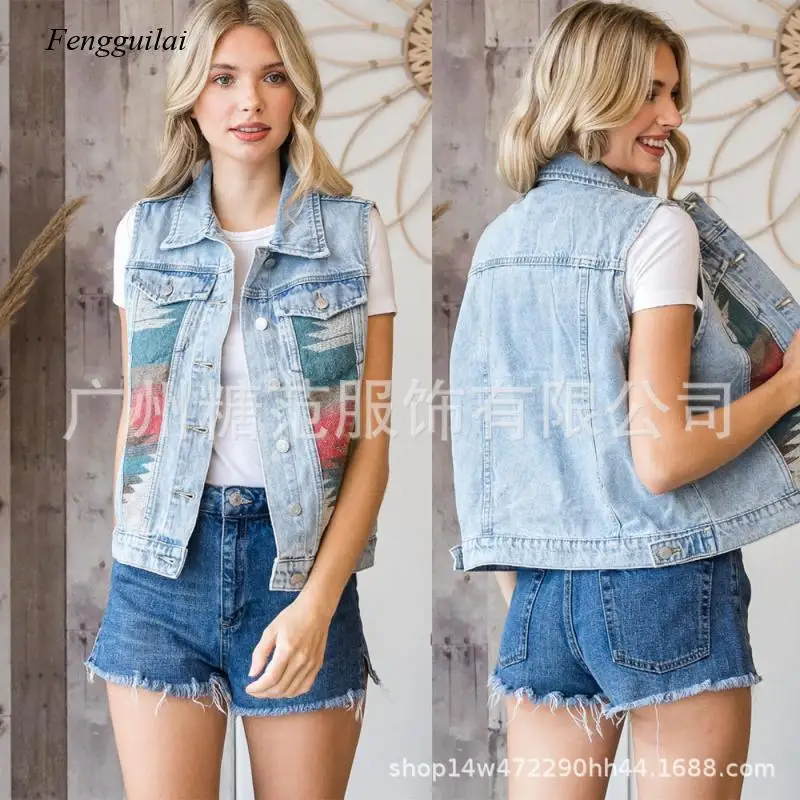 2022 European and American Spring and Autumn Denim Jacket Vest Women's Sleeveless Aztec Stitching Denim Vest