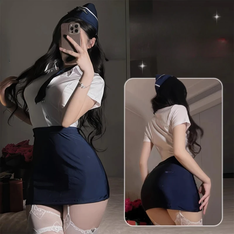 

Сексуальная униформа стюардессы, топ с короткими рукавами для косплея, обнимающая бедра, мини-юбка, эротическая стюардесса, костюм для ролевых игр, женский очаровательный комплект