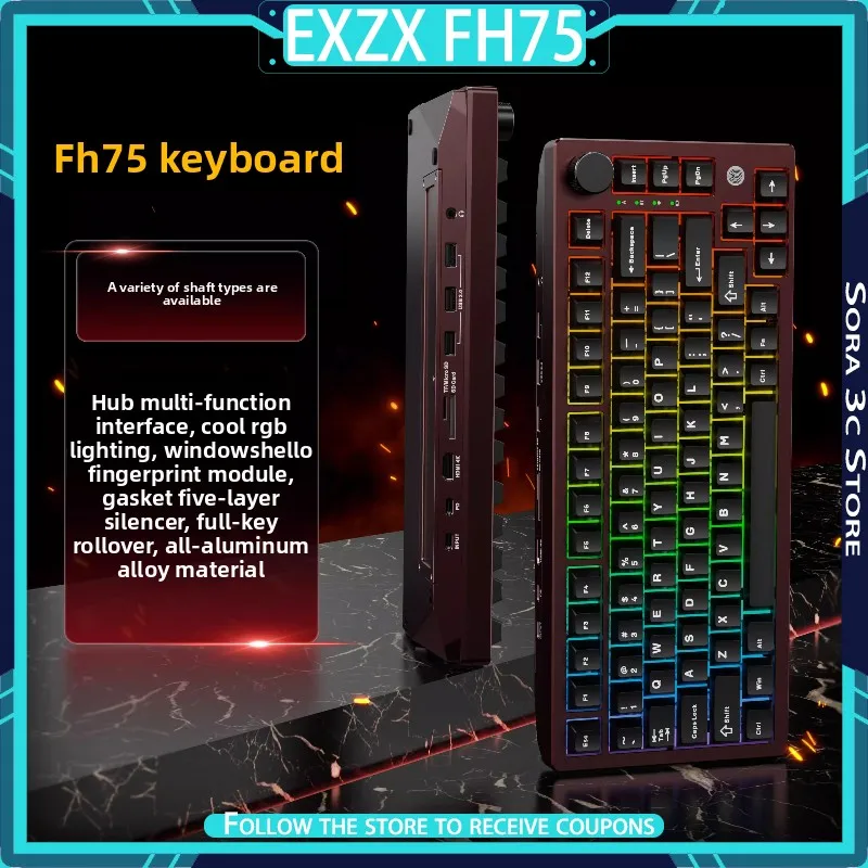 EXZX FH75 Hub Mechanical Keyboard Aluminum Alloy Multi Functional Fingerprint Recognition Wireless Customized Gaming Keyboard