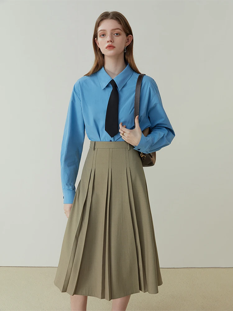 FSLE Preppy Style A-line High Waist Skirt for Women Spring Autumn New All-match Solid Color Mid-length Pleated Skirt Female