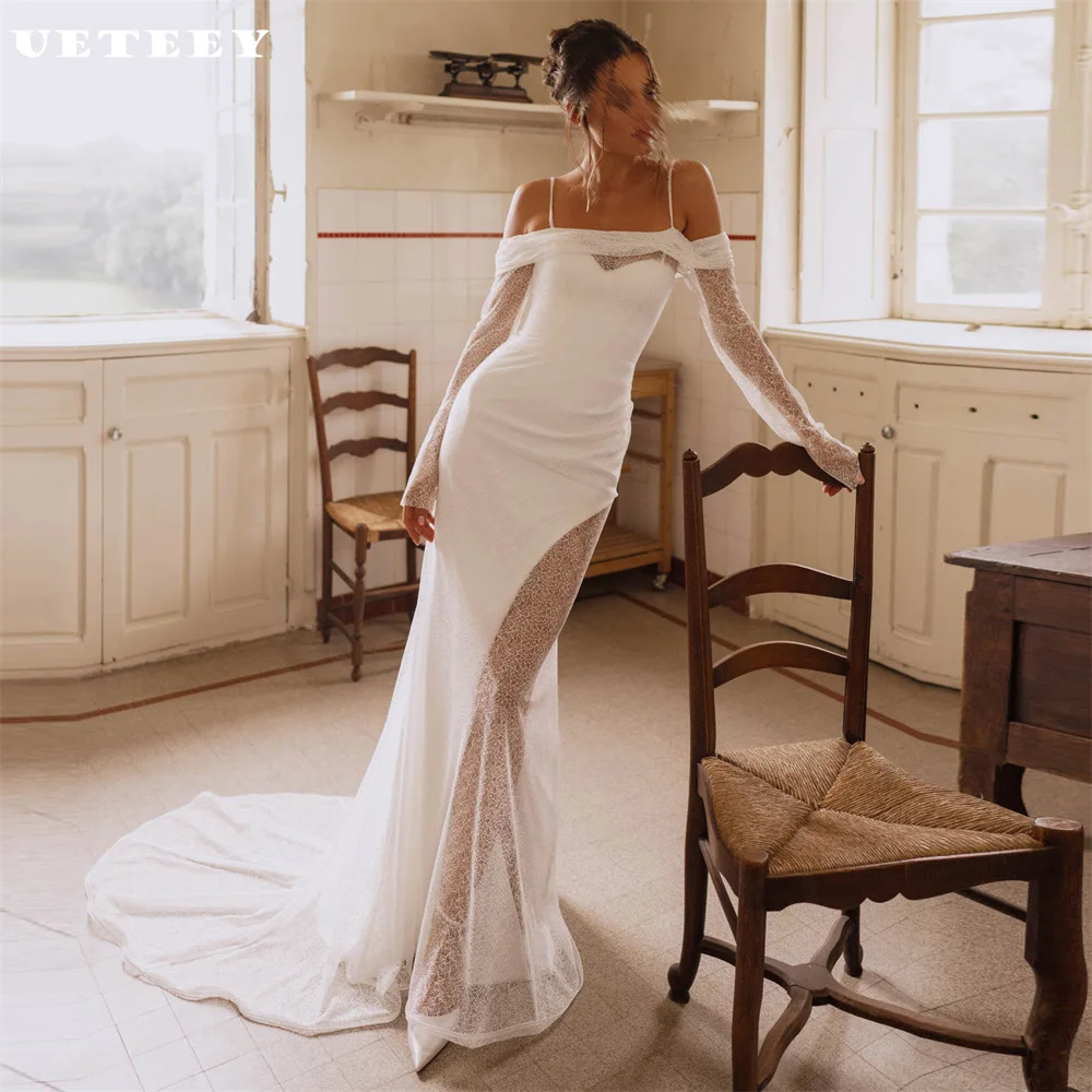 

UETEEY Customized Lace Off Shoulder Long Sleeves Crepe Mermaid Wedding Dress High Slit Zipper Back Court Train Bridal Gown