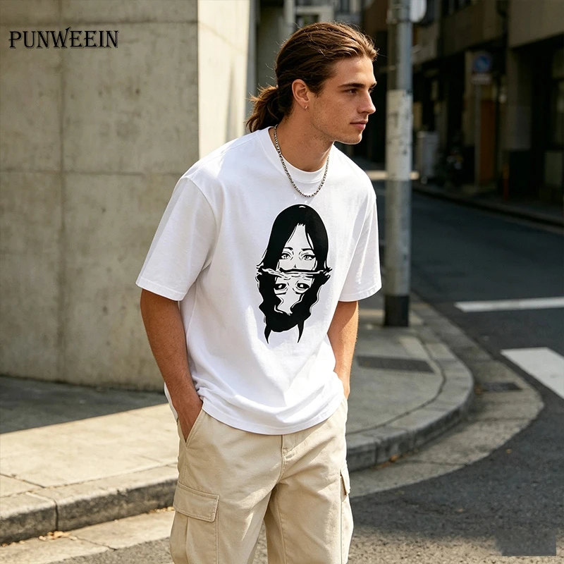 Anime Drowning Split Face Graphic T Shirt Men Women Streetwear Loose Short Sleeve Tee Harajuku Y2K Dark Aesthetic Cotton Tops