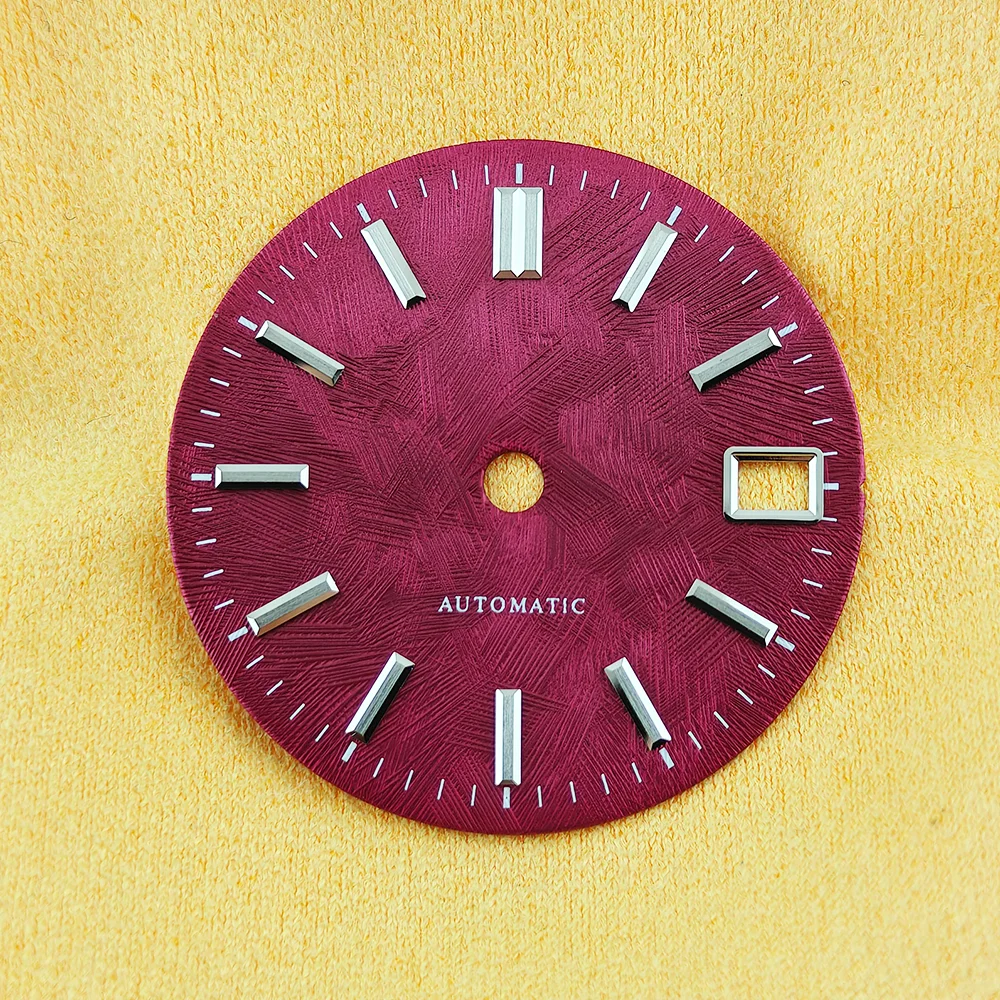 NH35 Wine Red Watch Dial 28.5MM White Birch Tree Pattern Automatic Dial NH35 Face Silver Scale Multi-Color Dial NH35 Watch Mod