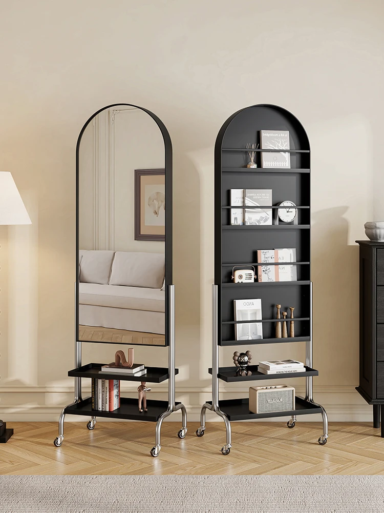 Light luxury movable full-body mirror storage rack integrated floor mirror household bedroom magazine rack rotating full-length