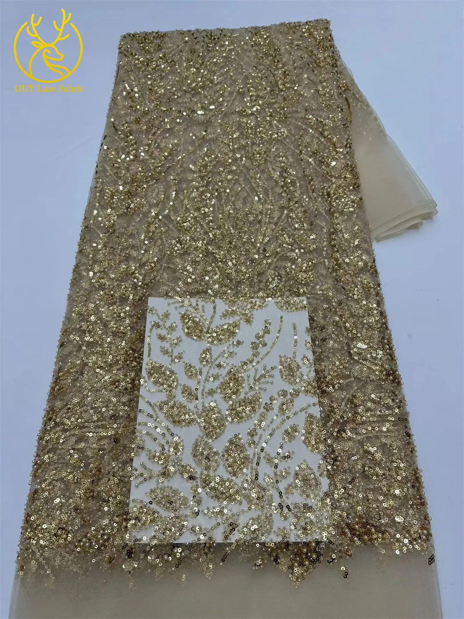 5 Yards grüner afrikanischer Spitzenstoff, hochwertige französische Pailletten, Perlenstickerei, Tüllspitze für nigerianische Frauen, Abendkleid – Detail 29
